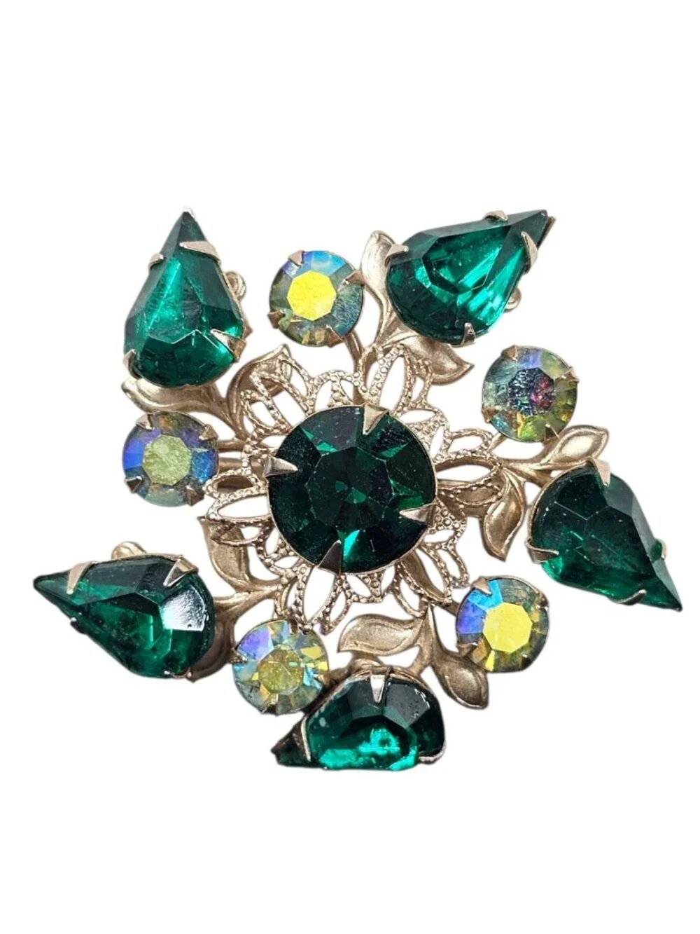 Emerald Green Rhinestone Brooch Aurora Borealis Crystal Pin Sliver Tone VTG